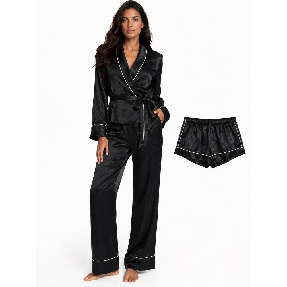 Victorias Secret Black Satin Jacquard 3pc Pajama Set Wrap Top Pants Shorts XS-S